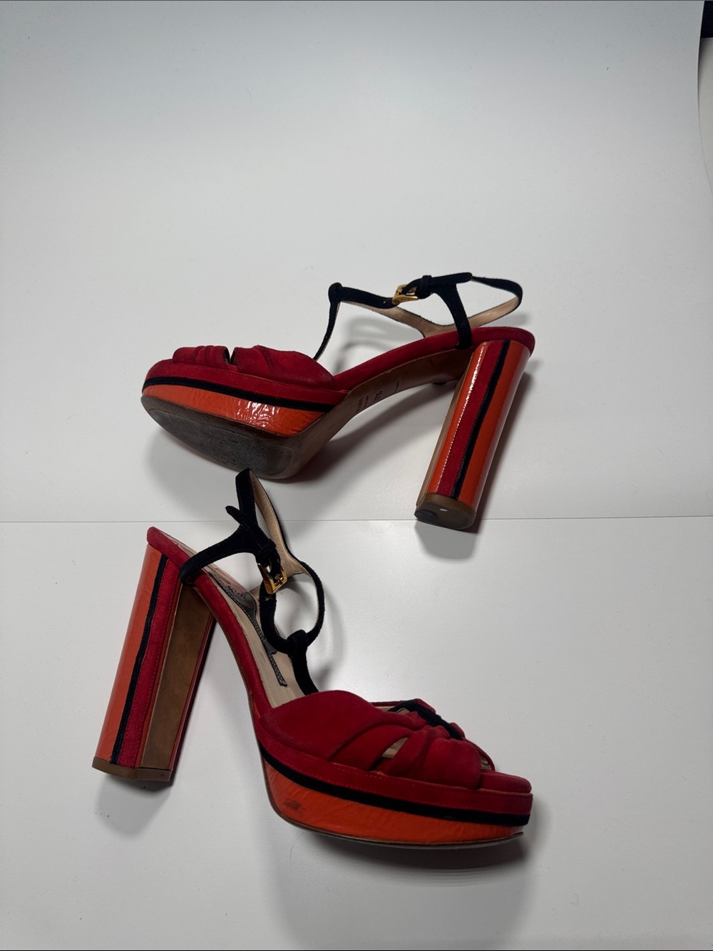 Prada Red Suede Platform T‑Strap Heels with Black Straps